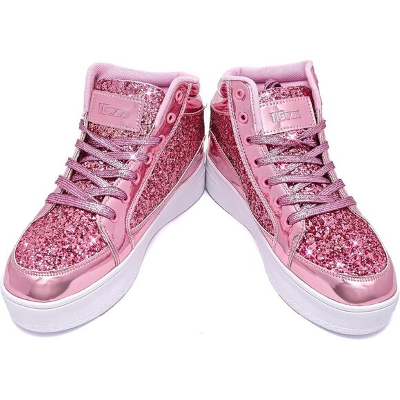 Women's Pink Shiny Glitter Sequin Shoes High Top Sneakers Fashion Bling - Picture 3 of 6